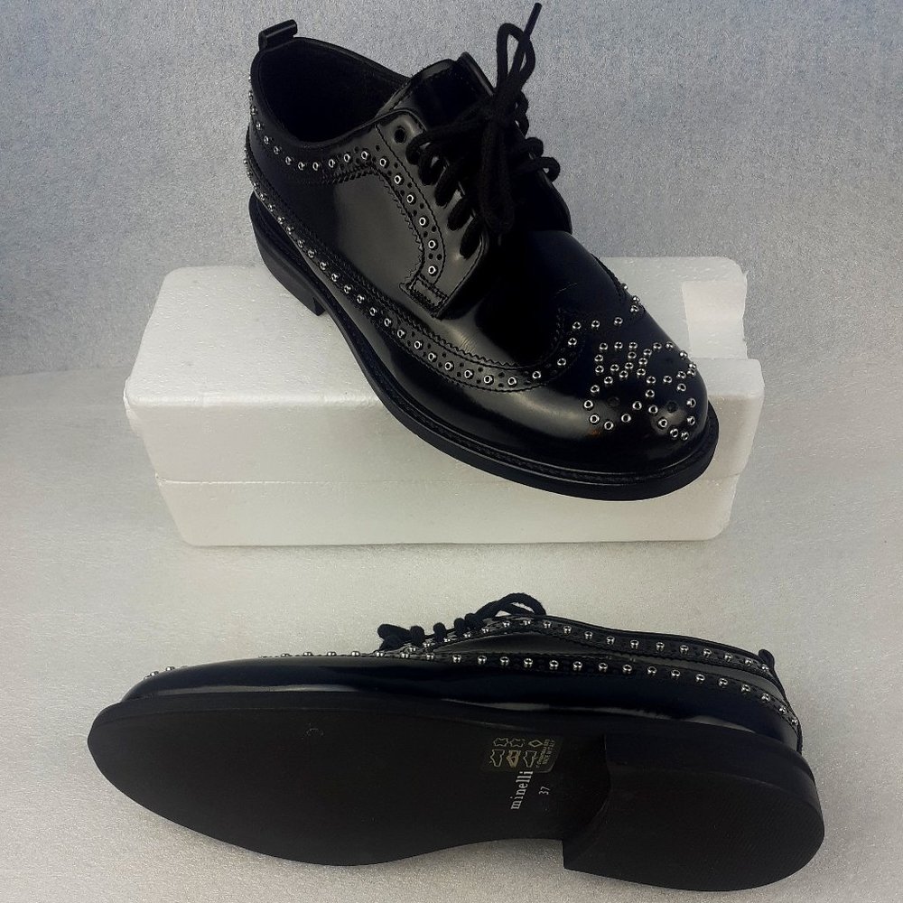 Lacquered Italian Patent Leather Studded Wingtip Oxford 37 BLACK Whimsigoth Dark